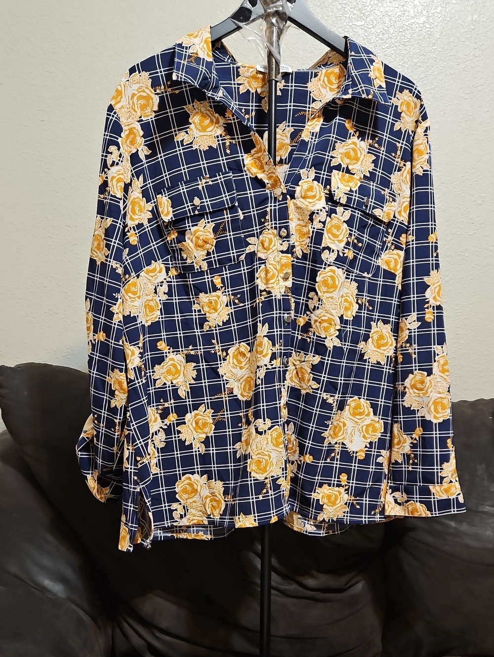 Notations Navy Floral Button Down Shirt with Yellow Rose Print